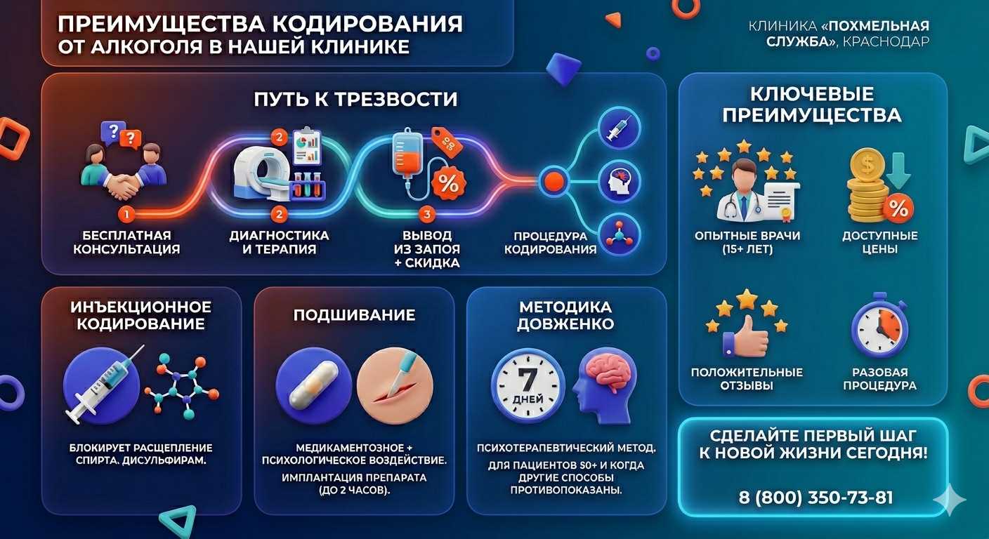 Инфографика о методах кодирования от алкоголя в Новоульяновске: инъекции, подшивание, метод Довженко. Преимущества клиники и этапы лечения.