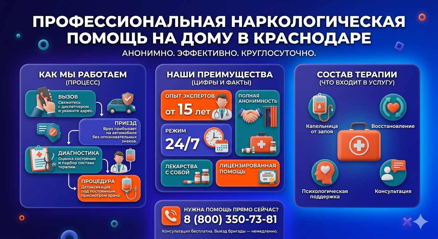 Инфографика о принципах лечения алкоголизма на дому в Новоульяновске: этапы вызова нарколога, преимущества анонимной детоксикации и состав медицинской помощи.